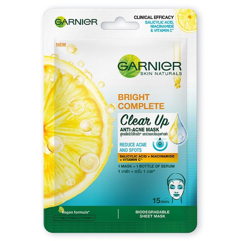 Mặt Nạ Giảm Mụn, Sáng Da Garnier Bright Complete Clear Up Anti-Acne Serum Mask 23g