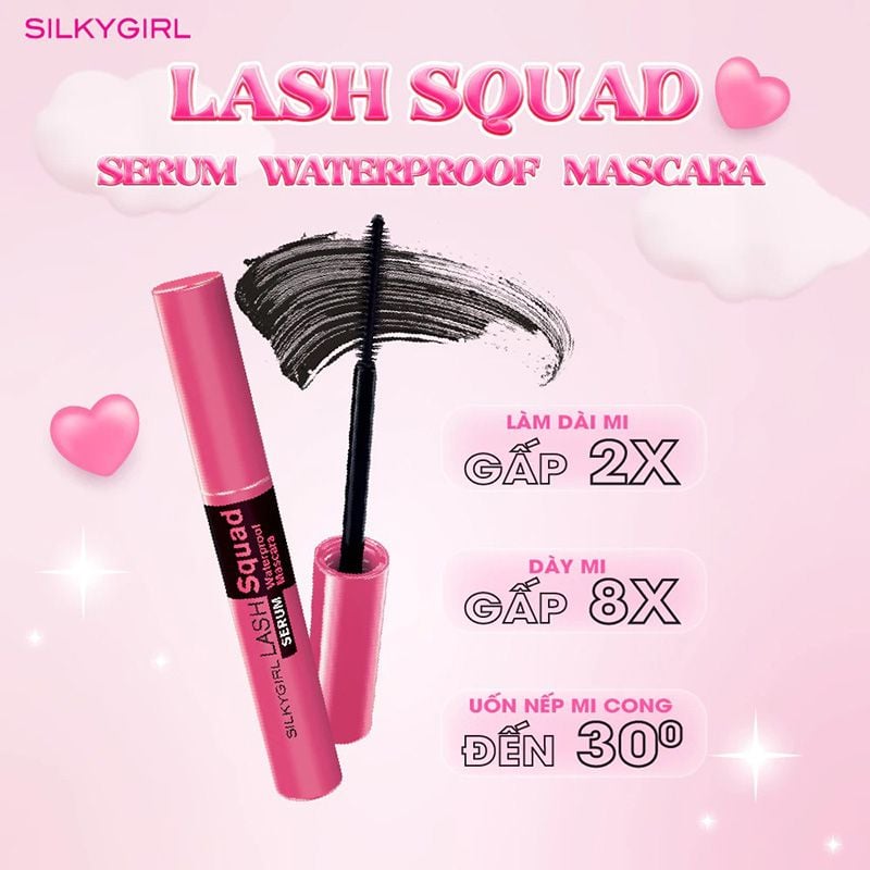 Mascara Làm Dài, Dày Và Cong Mi Silkygirl Lash Squad Serum Waterproof Mascara #01 Intense 4ml