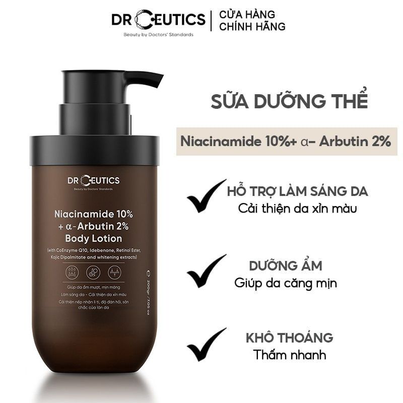 Sữa Dưỡng Thể DrCeutics Hỗ Trợ Dưỡng Trắng Da Niacinamide 10%+ α- Arbutin 2% Body Lotion