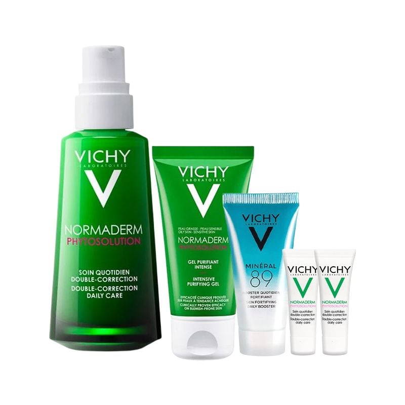 Bộ Dưỡng Da Và Làm Sạch Sâu, Giảm Mụn, Phục Hồi Da VICHY Normaderm Phytosolution Double-Correction Daily Care 50ml + srm 50ml + M89 15ml + 2 mini cream 3ml