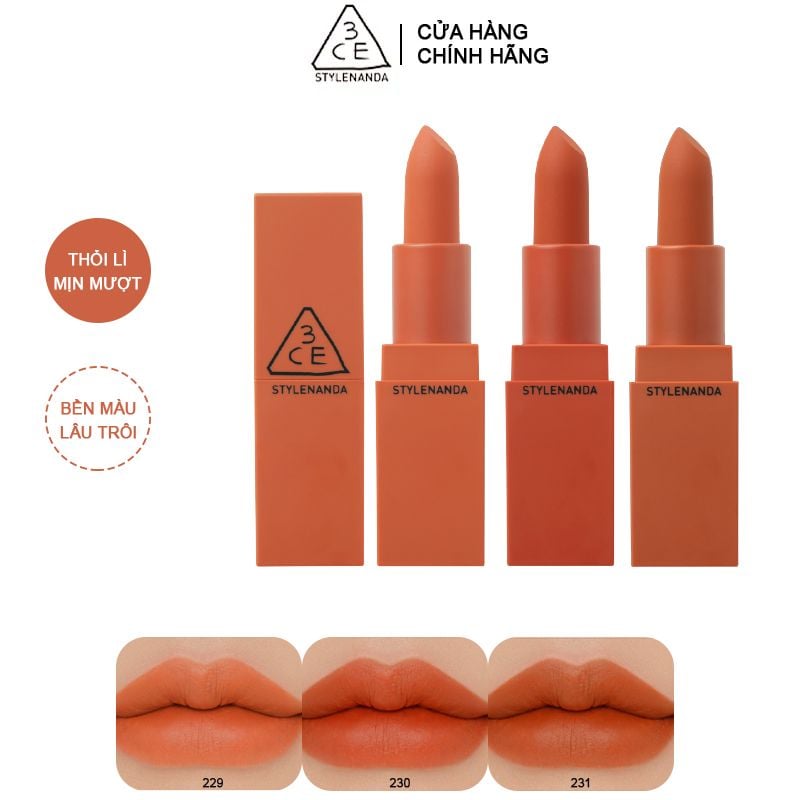 [Màu 229 - 231] Son Thỏi Siêu Lì, Lên Màu Chuẩn 3CE Matte Lip Color 3.5g