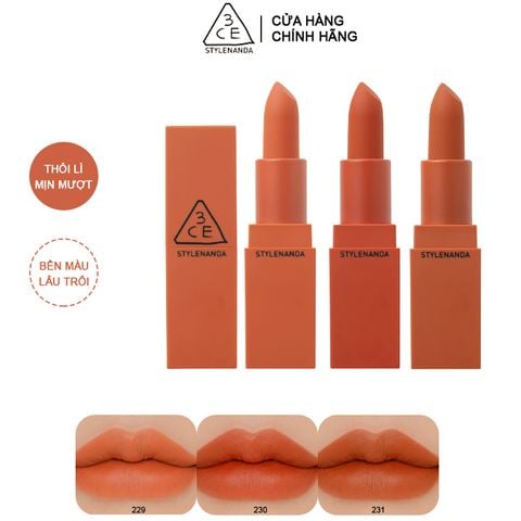 [Màu 229 - 231] Son Thỏi 3CE Siêu Lì, Lên Màu Chuẩn 3CE Matte Lip Color 3.5g