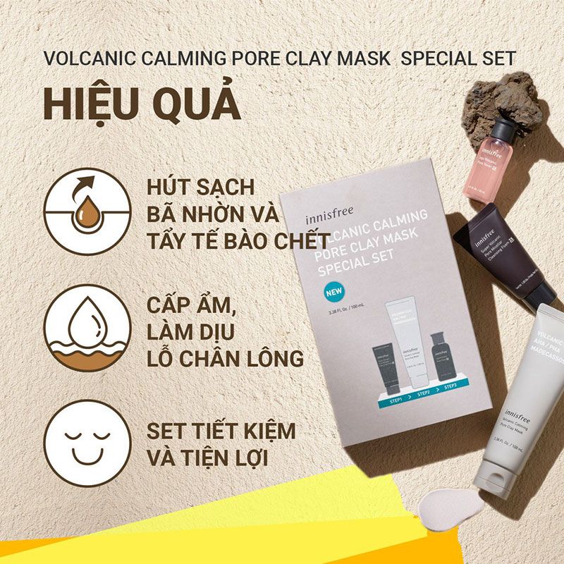 [3 Items] Bộ Dưỡng Làm Dịu, Thu Nhỏ Lỗ Chân Lông Innisfree Volcanic Calming Pore Clay Mask Special Set