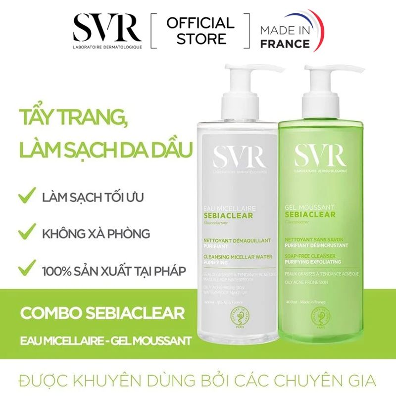 [2 Items] Bộ Đôi Làm Sạch Sâu Loại Bỏ Dầu Nhờn Dành Cho Da Dầu Mụn SVR Sebiaclear Gel Moussant 400ml + Eau Micellaire 400ml