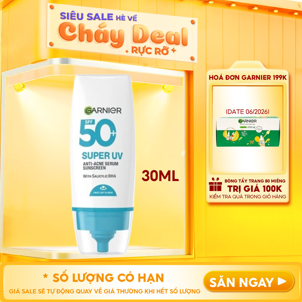 Kem Chống Nắng Phổ Rộng Garnier Kiềm Dầu, Hỗ Trợ Giảm Mụn Super Uv Anti-Acne Serum Sunscreen SPF50+ PA++++ 30ml