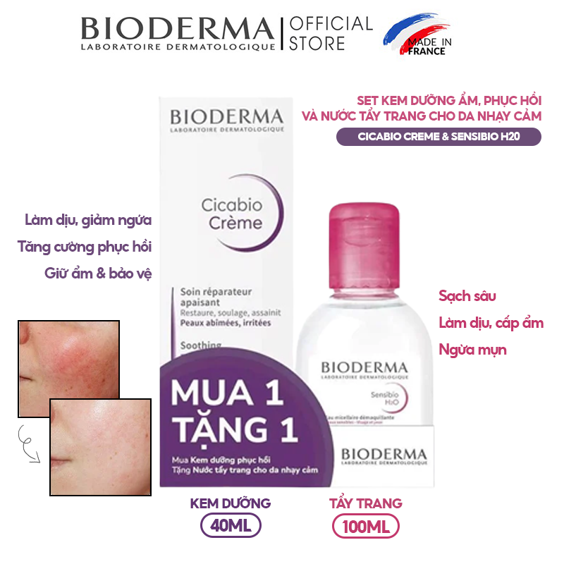 [2 items] Set Kem Dưỡng Ẩm, Phục Hồi Và Nước Tẩy Trang Cho Da Nhạy Cảm Set Bioderma Cicabio Creme 40ml & Bioderma Sensibio H20 100ml