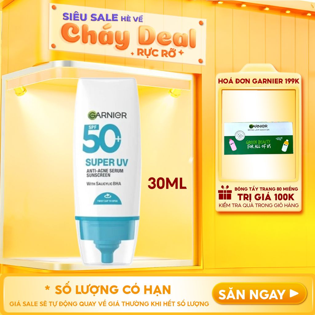 Kem Chống Nắng Phổ Rộng Garnier Kiềm Dầu, Hỗ Trợ Giảm Mụn Super Uv Anti-Acne Serum Sunscreen SPF50+ PA++++ 30ml