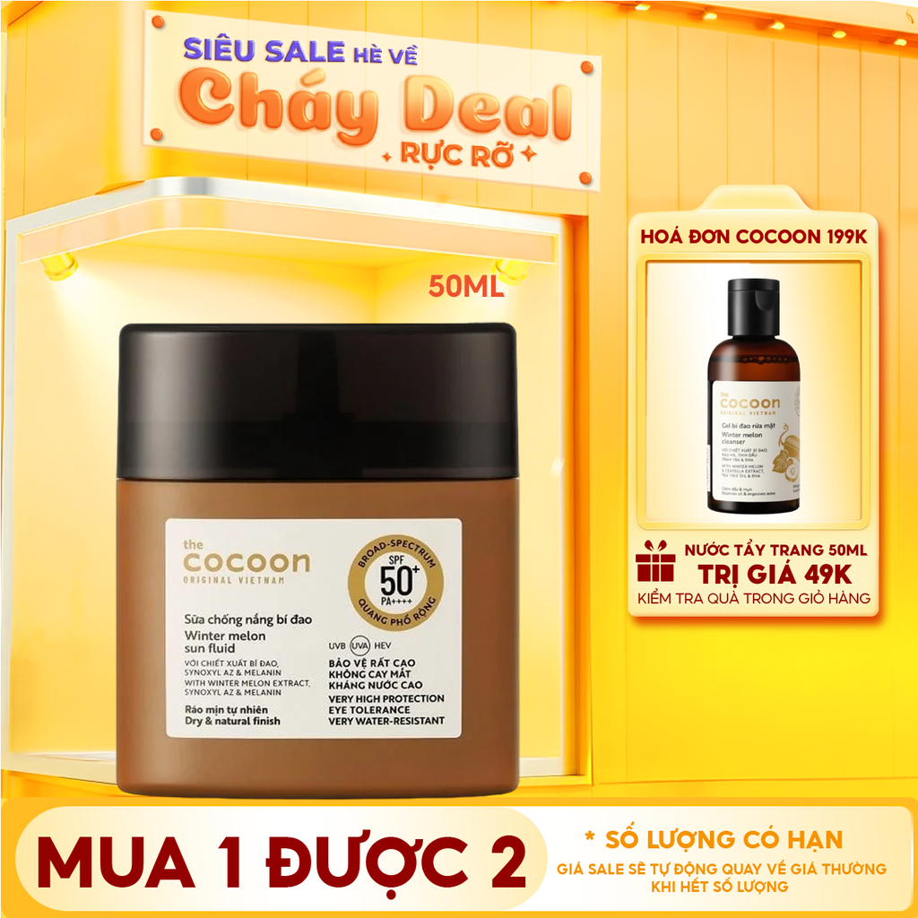 Sữa Chống Nắng Thuần Chay Cocoon Bí Đao Quang Phổ Rộng Winter Melon Sun Fluid Broad-Spectrum SPF 50+ PA++++, UVA – PF 62.6