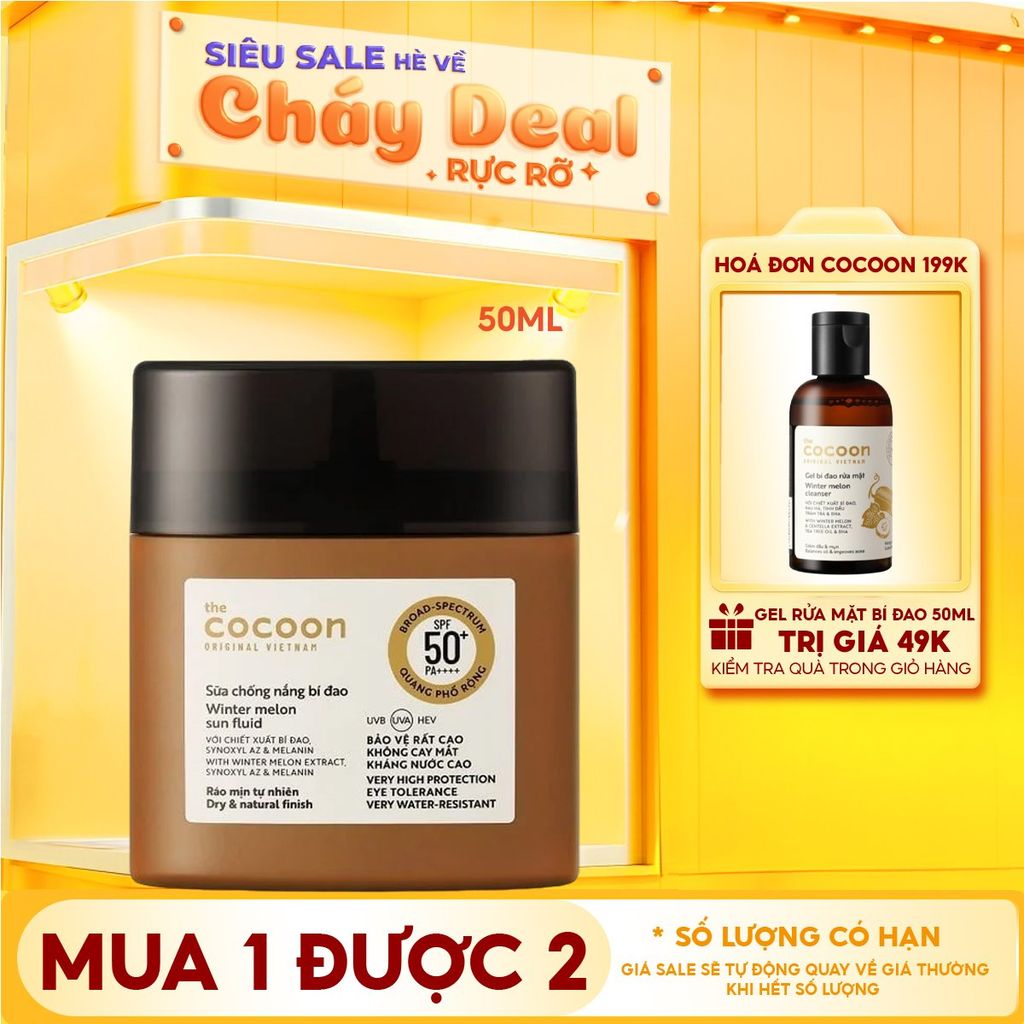 Sữa Chống Nắng Thuần Chay Cocoon Bí Đao Quang Phổ Rộng Winter Melon Sun Fluid Broad-Spectrum SPF 50+ PA++++, UVA – PF 62.6