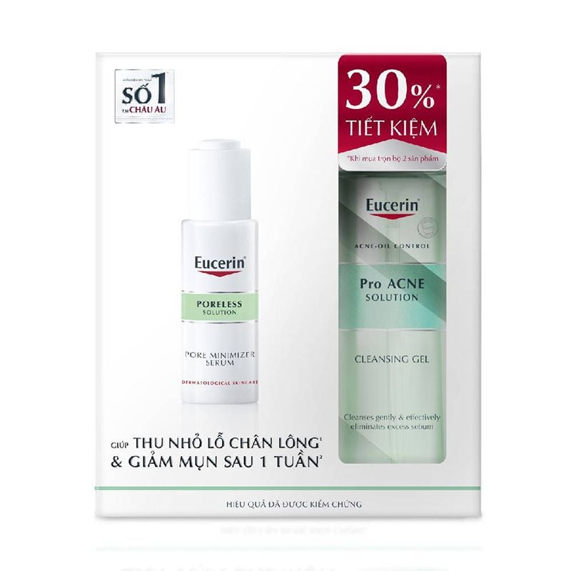 [2 Items] Bộ Đôi Tinh Chất Dưỡng Thu Nhỏ Lỗ Chân Lông + Gel Rửa Mặt Giảm Mụn Set Eucerin Poreless Solution Pore Minimizer Serum 30ml + Pro Acne Cleansing Gel 200ml