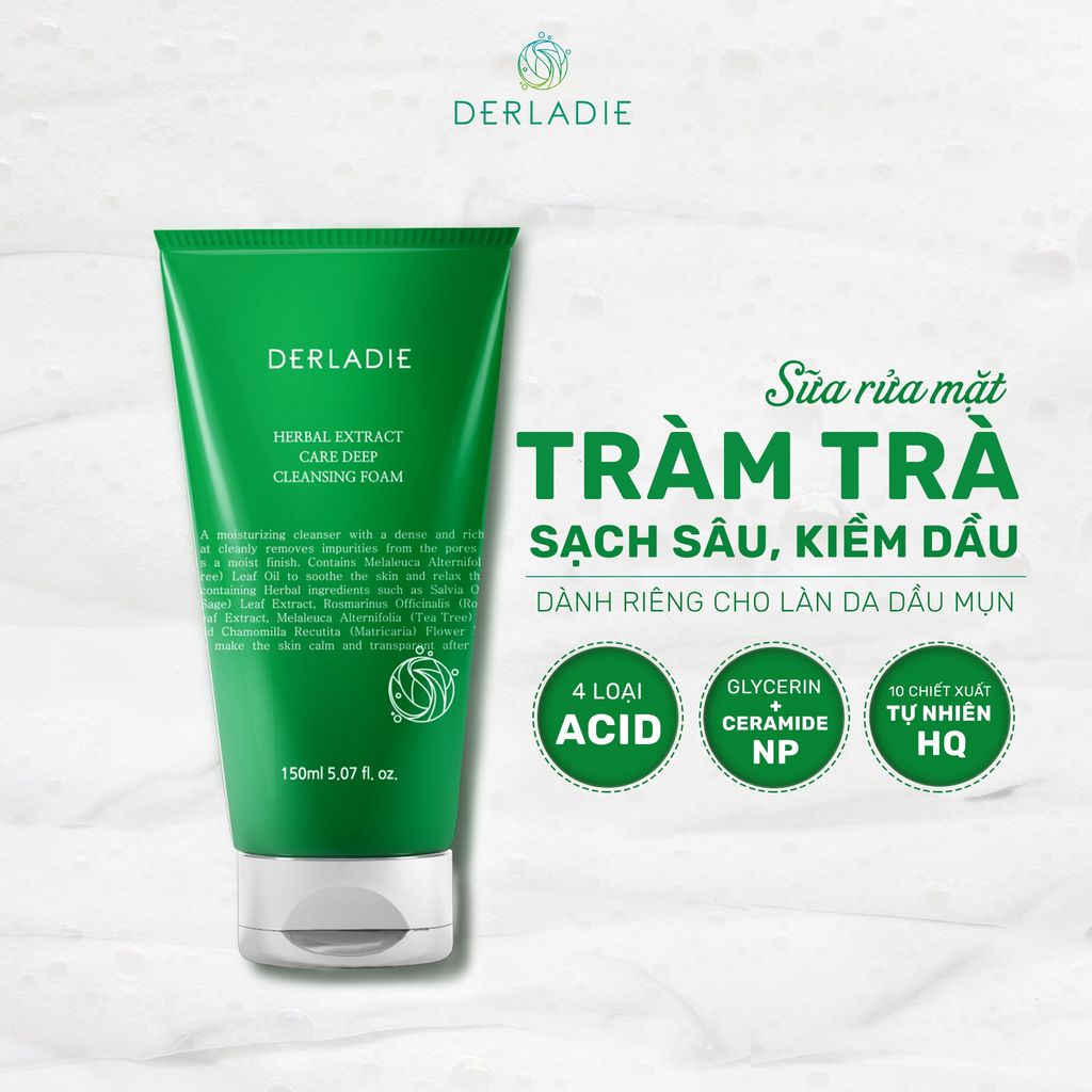 Sữa Rửa Mặt Tràm Trà Sạch Sâu, Kiềm Dầu Derladie Herbal Extract Care Deep Cleansing Foam 150ml