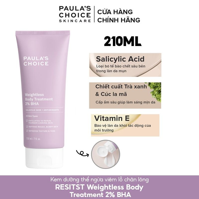 [210ml] Kem Dưỡng Thể Paula's Choice Tẩy Tế Bào Chết Thu Nhỏ Lỗ Chân Lông, Mẫn Đỏ Weightless Body Treatment 2% BHA