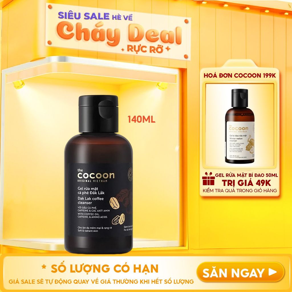 Gel Rửa Mặt Cocoon Làm Sạch Dịu Nhẹ Chiết Xuất Cà Phê Đắk Lắk Giúp Da Tươi Sáng, Đều Màu Dak Lak Coffee Cleanser 140ml