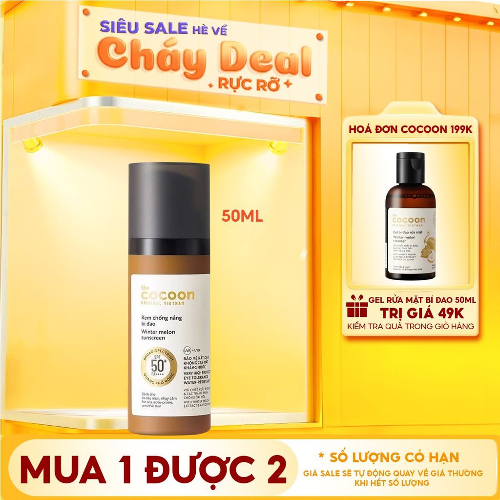 Kem Chống Nắng Cocoon Bí Đao Quang Phổ Rộng Dành Cho Da Dầu, Nhạy Cảm Winter Melon Sunscreen SPF50+ PA++++ 50ml