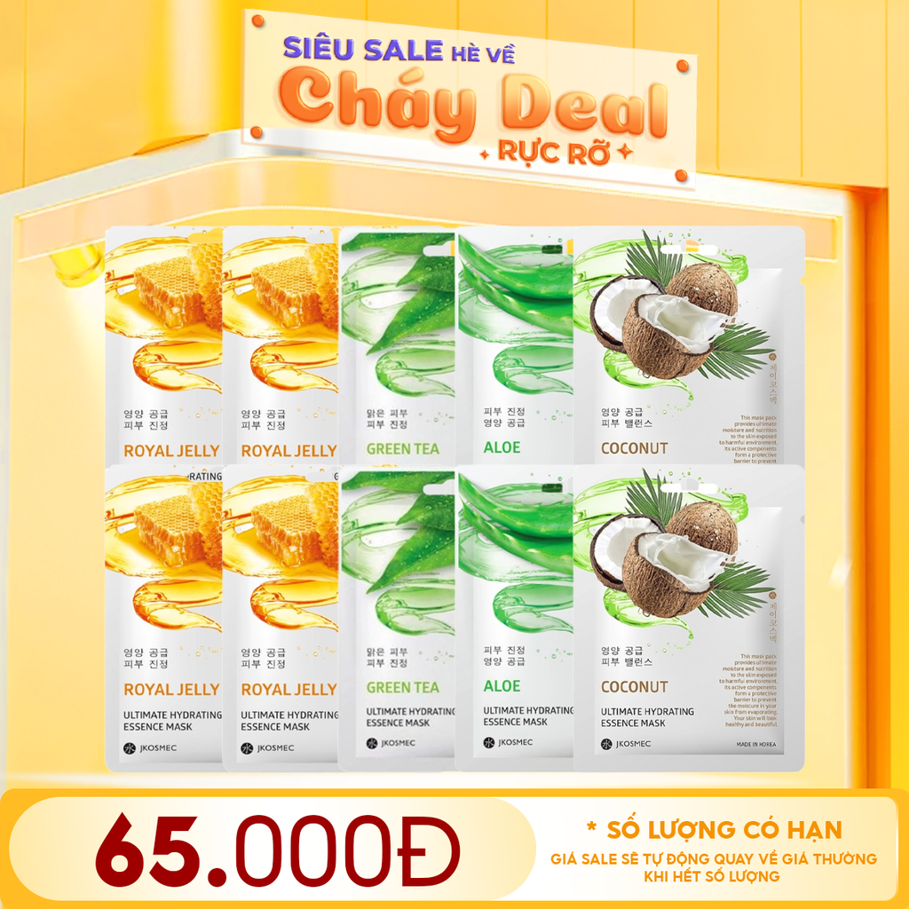 Combo Mặt Nạ Jkosmec 10 Miếng: Jkosmec Ultimate Hydrating Essence Mask (Royal Jelly (4 miếng) + Green Tea (2 miếng) + Aloe (2 miếng) +Coconut (2 miếng))