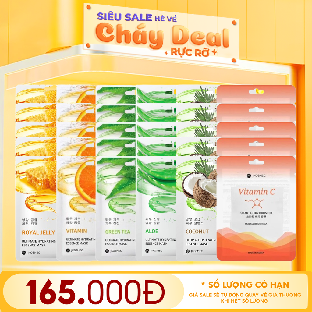 Combo Mặt Nạ Jkosmec 30 Miếng Chăm Sóc Da: Green Tea (5 miếng) + Aloe (5 miếng) +Royal Jelly (5 miếng) + Coconut (5 miếng) + Vitamin (5 miếng)+ Vitamin C (5 miếng)