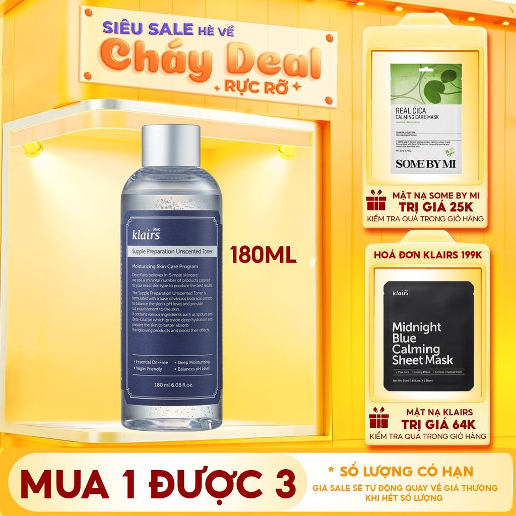 Nước Hoa Hồng Klairs Không Mùi Dưỡng Ẩm, Làm Dịu Da Supple Preparation Unscented Toner 180ml