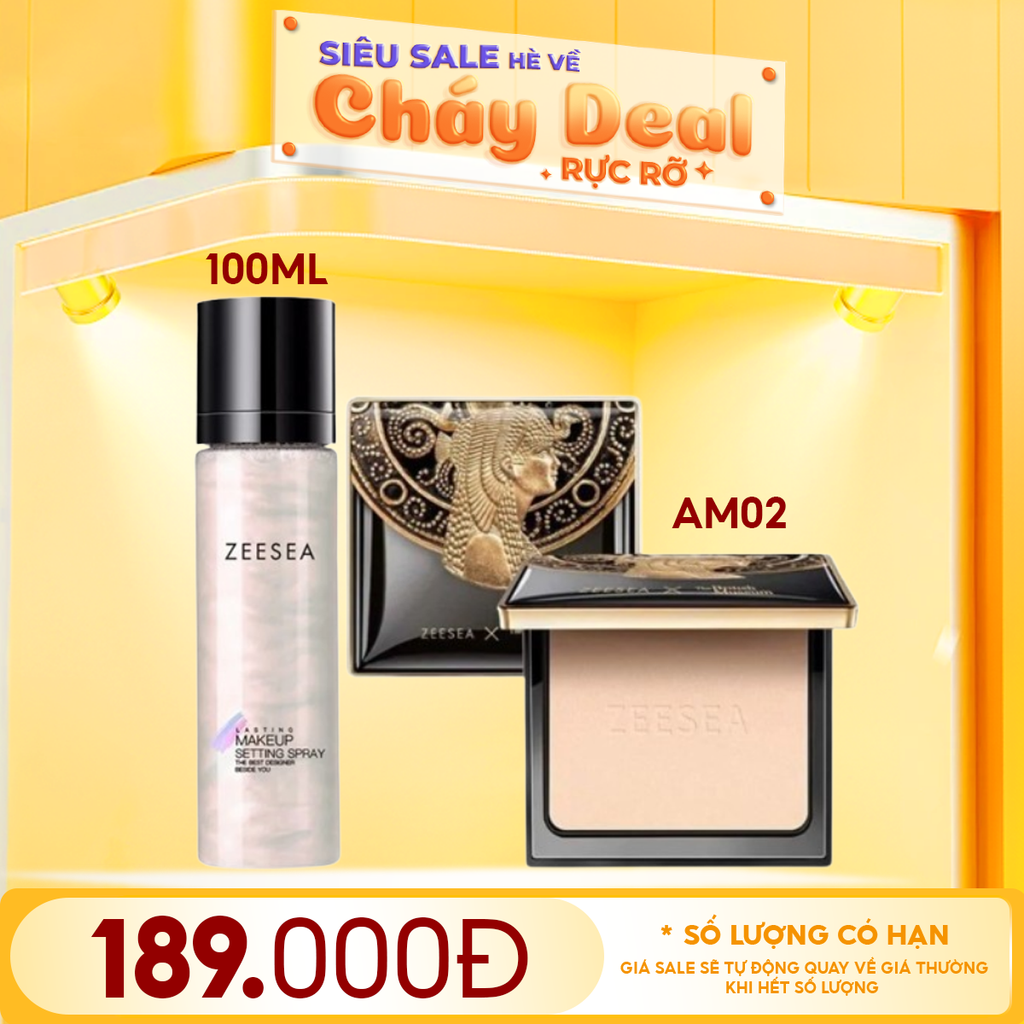 Combo Zeesea 2 Sản Phẩm: Xịt Khóa Nền Hiệu Ứng Căng Bóng 100ml #PINK + Phấn Nền Dạng Nén Kiềm Dầu 8g #AM02 Natural