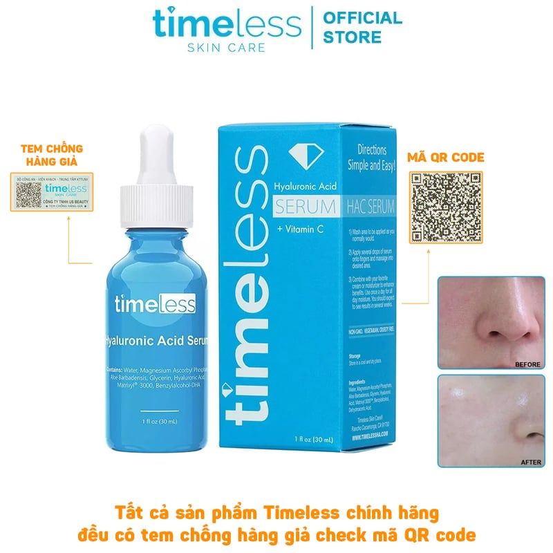 Serum Timeless Tinh Chất Cấp Ẩm, Dưỡng Trắng Da Timeless Hyaluronic Acid + Vitamin C Serum 30ml