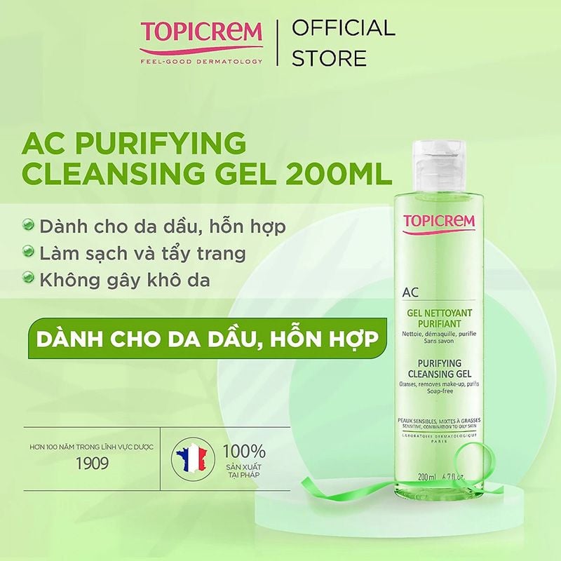 Sữa Rửa Mặt Dạng Gel Dành Cho Da Dầu, Hỗn Hợp Topicrem AC Purifying Cleansing Gel 200ml