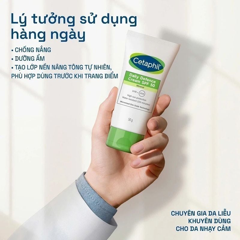 Kem Chống Nắng Cetaphil Dưỡng Ẩm 2in1 Cho Da Thiên Dầu, Nhạy Cảm Daily Defense Cream SPF50 UVB+UVA 50g