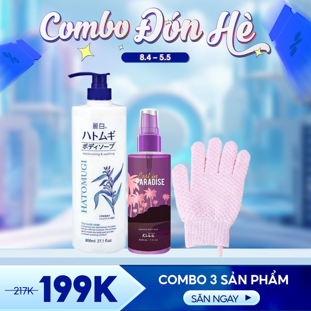 Combo Body Care - 3 Sản Phẩm (Sữa Tắm Hatomugi 800ml + Xịt Thơm Malissa 88ml + Găng Tay Tẩy Tế Bào Chết TOOLA)