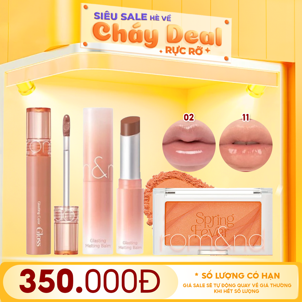 Combo Romand 3 Sản Phẩm: Phấn Má Hồng Romand Dạng Nén Better Than Cheek #S01 Mango Chip + Son Dưỡng Có Màu Romand Glasting Melting Balm + Son Bóng Romand Glasting Color Gloss