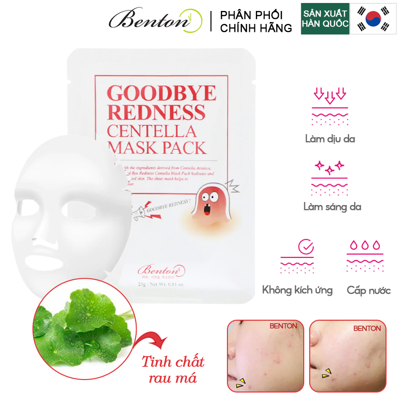 [1 Miếng] Mặt Nạ Làm Dịu, Chăm Sóc Da Mụn Benton Goodbye Redness Centella Mask Pack 23g