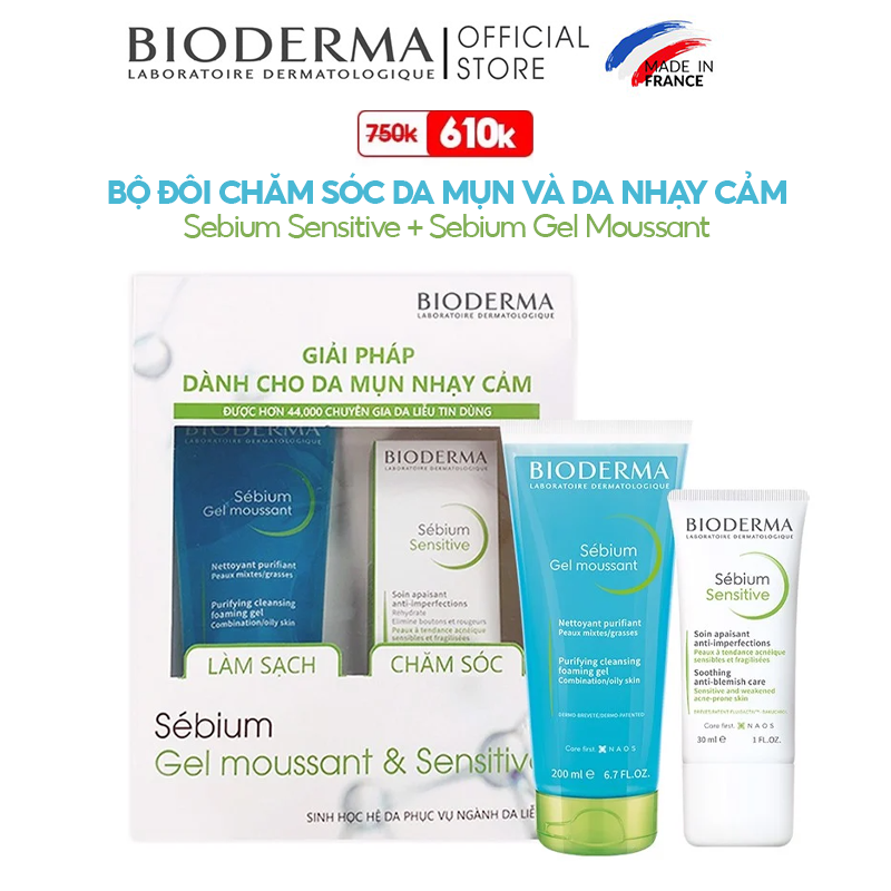 [Dạng Tuýp][2 Items] Bioderma Bộ Đôi Chăm Sóc Da Mụn Và Da Nhạy Cảm Sebium Sensitive 30ml + Sebium Gel Moussant 200ml