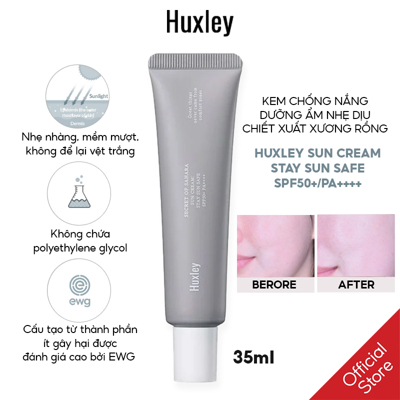 Kem Chống Nắng Dưỡng Ẩm Nhẹ Dịu Chiết Xuất Xương Rồng Huxley Sun Cream Stay Sun Safe SPF50+/PA++++ 35ml