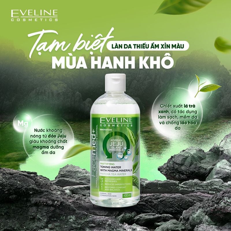 Nước Hoa Hồng Kiểm Soát Dầu Nhờn Eveline Facemed+ Mattifying Toning Water With Magma Minerals 400ml