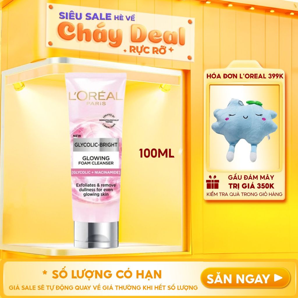 Sữa Rửa Mặt L'oreal Hỗ Trợ Làm Sáng Da Glycolic-Bright Glowing Daily Cleanser Foam 100ml