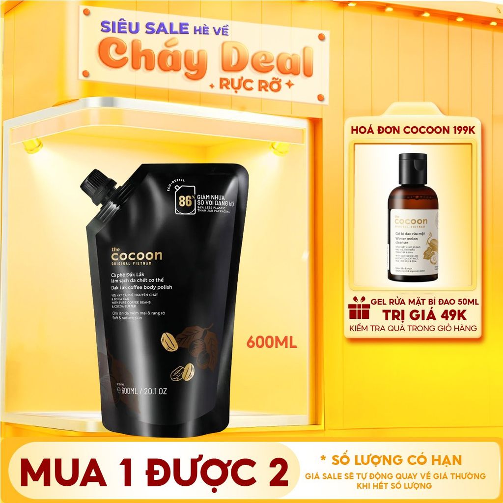 [Túi 600ml] Tẩy Da Chết Body Cocoon Làm Đều Màu Da Và Dưỡng Mịn Da Chiết Xuất Cà Phê Dak Lak Coffee Body Polish