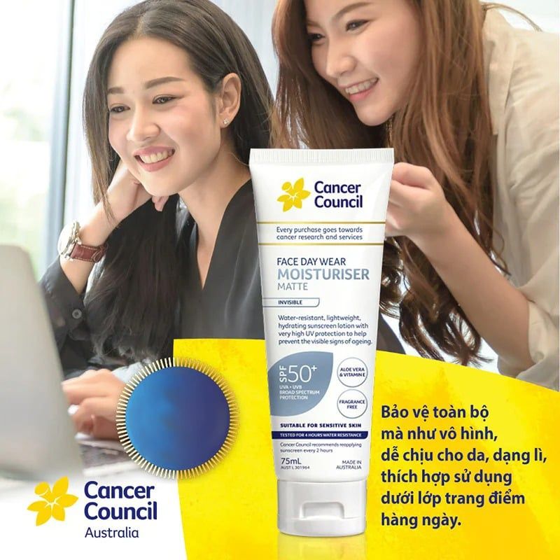 Kem Chống Nắng Cancer Council Dưỡng Ẩm, Dịu Nhẹ Face Day Wear Moisturiser Matte Invisible SPF50+ PA++++ 75ml