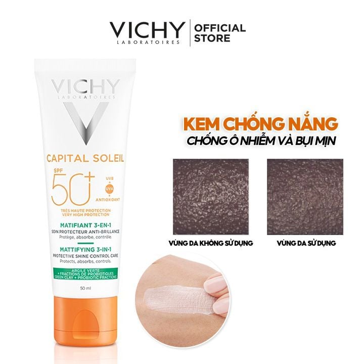 Kem Chống Nắng Vichy Kiềm Dầu Chống Ô Nhiễm Và Bụi Mịn Capital Soleil Mattifying 3-In-1 SPF50+ 50ml