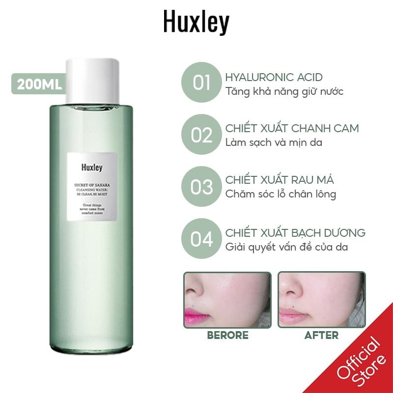 Nước Tẩy Trang Huxley Dưỡng Ẩm Chiết Xuất Xương Rồng Cleansing Water - Be Clean, Be Moist