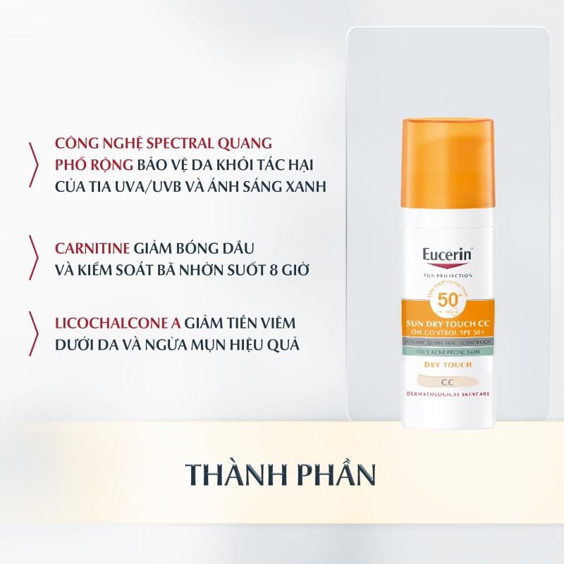 Kem Chống Nắng Eucerin Kiểm Soát Dầu, Nâng Tông Tự Nhiên Sun Dry Touch CC Oil Control SPF50+ 50ml