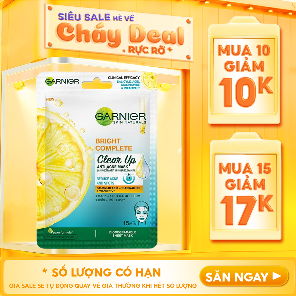 Mặt Nạ Giảm Mụn, Sáng Da Garnier Bright Complete Clear Up Anti-Acne Serum Mask 23g
