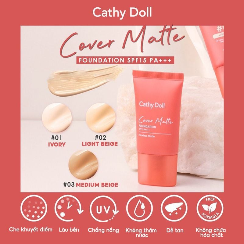 Kem Nền Kiềm Dầu, Che Phủ Tự Nhiên Cathy Doll Cover Matte Foundation SPF15 PA+++