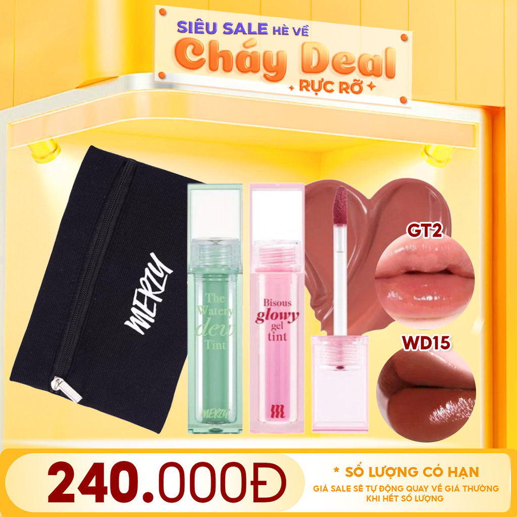 Combo Merzy 3 Sản Phẩm: Son Bóng Bisous Glowy Gel Tint #GT2 + Son Tint Bóng The Watery Dew Tint #WD15 + Túi Makeup