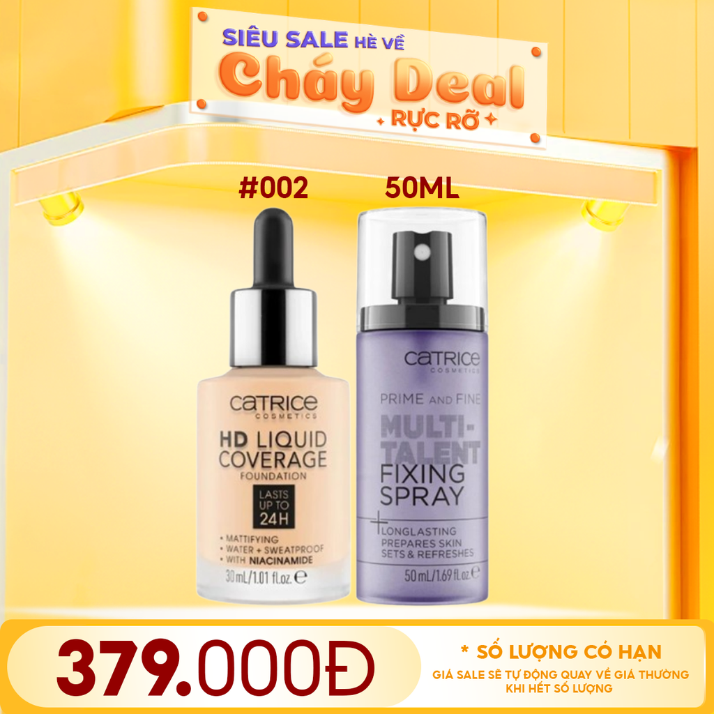 Combo Catrice 2 Sản Phẩm: Kem Nền Kiềm Dầu HD Liquid Coverage Foundation 30ml #002 + Xịt Khóa Nền Kiềm Dầu Fixing Spray 50ml #MULTITALENT