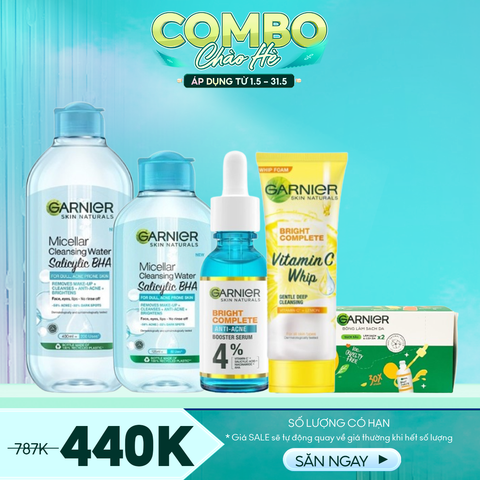 Combo Skincare Da Dầu - 5 Sản Phẩm (Tẩy Trang Mini Garnier 125ml, 400ml + Tinh Chất Garnier 30ml + Sữa Rửa Mặt Garnier 50ml + Bông Tẩy Trang Garnier 80 Miếng)