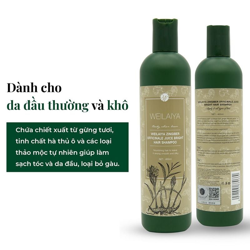 Dầu Gội Chiết Xuất Thảo Dược, Gừng Trắng, Hà Thủ Ô Trắng Hỗ Trợ Mọc Tóc Nhanh, Nuôi Dưỡng Tóc Weilaiya Shampoo 400ml