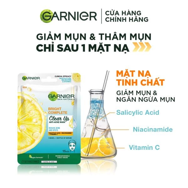  Mặt Nạ Garnier Giảm Mụn, Hỗ Trợ Sáng Da Bright Complete Clear Up Anti-Acne Serum Mask 23g 