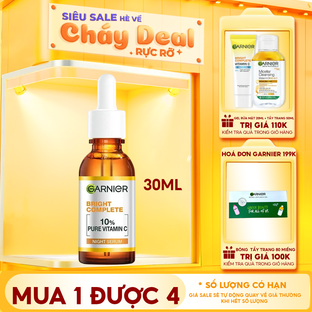Serum Garnier Hỗ Trợ Sáng Da, Mờ Thâm Ban Đêm Skin Naturals Bright Complete Overnight Booster Serum 30ml