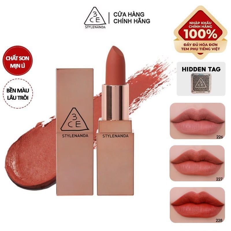 [Màu 227 - 228] Son Thỏi Lì Cực Phẩm Phiên Bản Giới Hạn 3CE Matte Lip Color - 228 RED SEVENTIES 3.5g