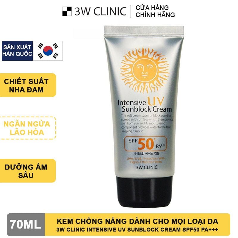 Kem Chống Nắng Dành Cho Mọi Loại Da 3W Clinic Intensive UV Sunblock Cream SPF50 PA+++ 70ml