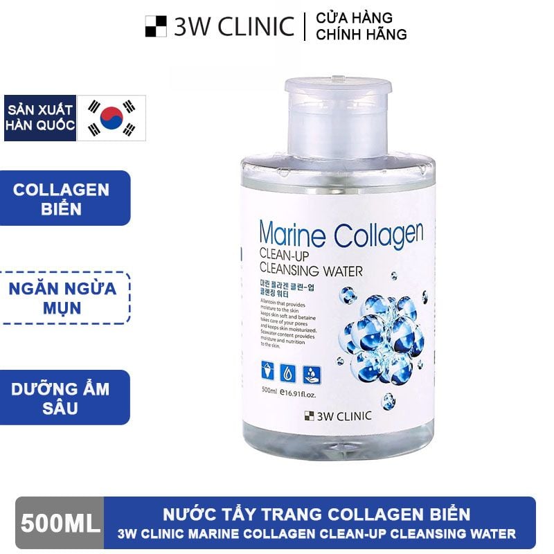 Nước Tẩy Trang 3W Clinic Collagen Biển Marine Collagen Clean-Up Cleansing Water 500ml