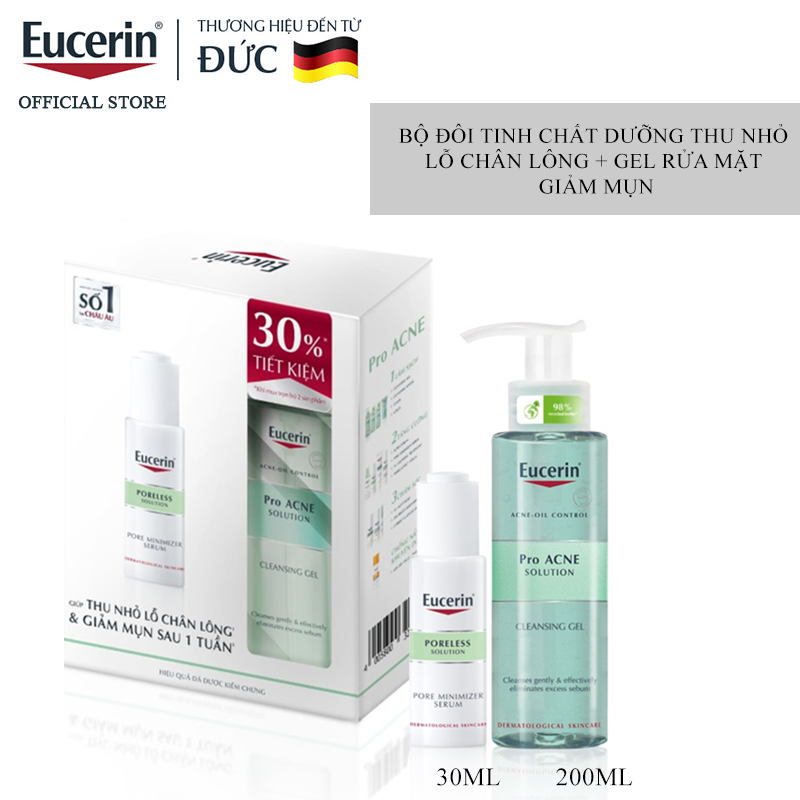 [2 Items] Bộ Đôi Tinh Chất Dưỡng Thu Nhỏ Lỗ Chân Lông + Gel Rửa Mặt Giảm Mụn Set Eucerin Poreless Solution Pore Minimizer Serum 30ml + Pro Acne Cleansing Gel 200ml