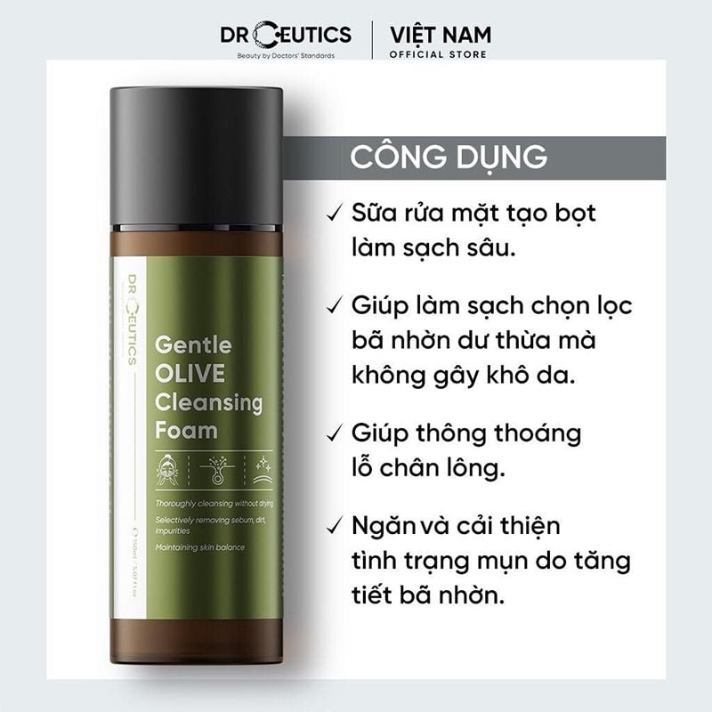 Sữa Rửa Mặt Sạch Sâu, Dịu Nhẹ Cho Da DrCeutics Gentle Olive Cleansing Foam 150ml